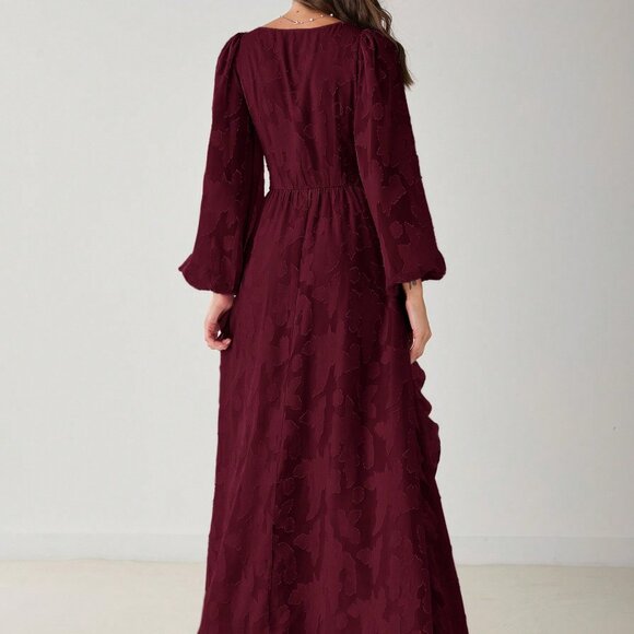 Burgundy Elegant Women's V-Neck Lantern Sleeve Flounce Hem Maxi Dress - Picture 2 of 8